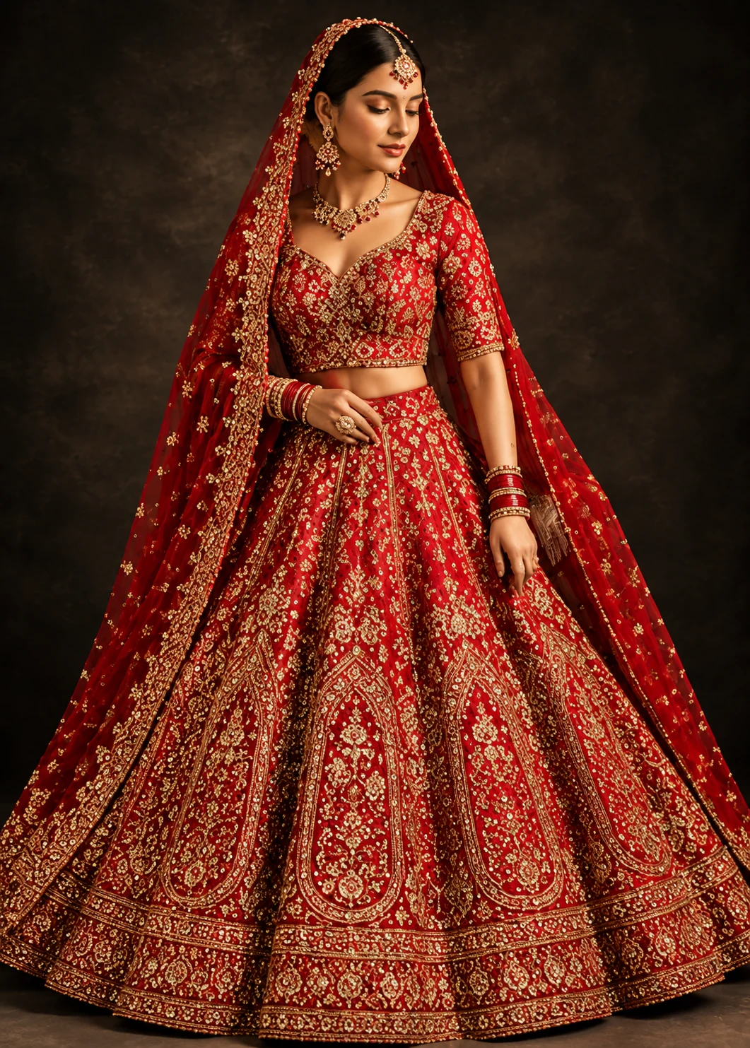 Red Resham Embroidered Silk Bridal Lehenga with Double Dupatta