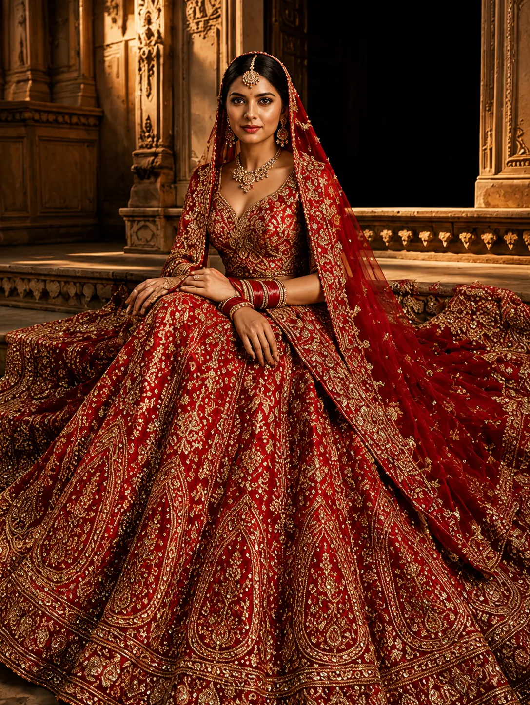 Red Resham Embroidered Silk Bridal Lehenga with Double Dupatta