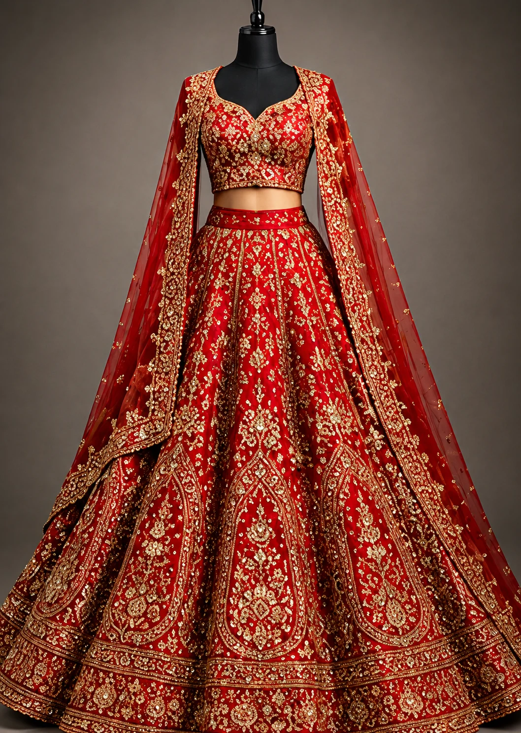 Red Resham Embroidered Silk Bridal Lehenga with Double Dupatta
