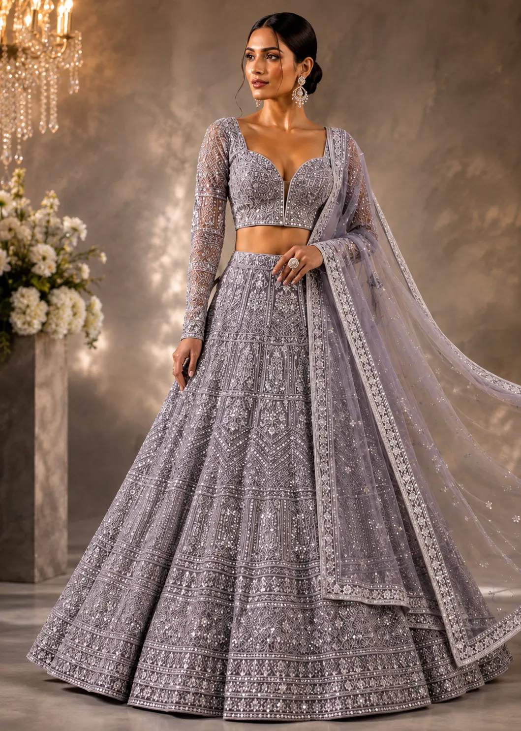 Grey Lavender Net Reception Lehenga with Embroidered Full Sleeve Blouse