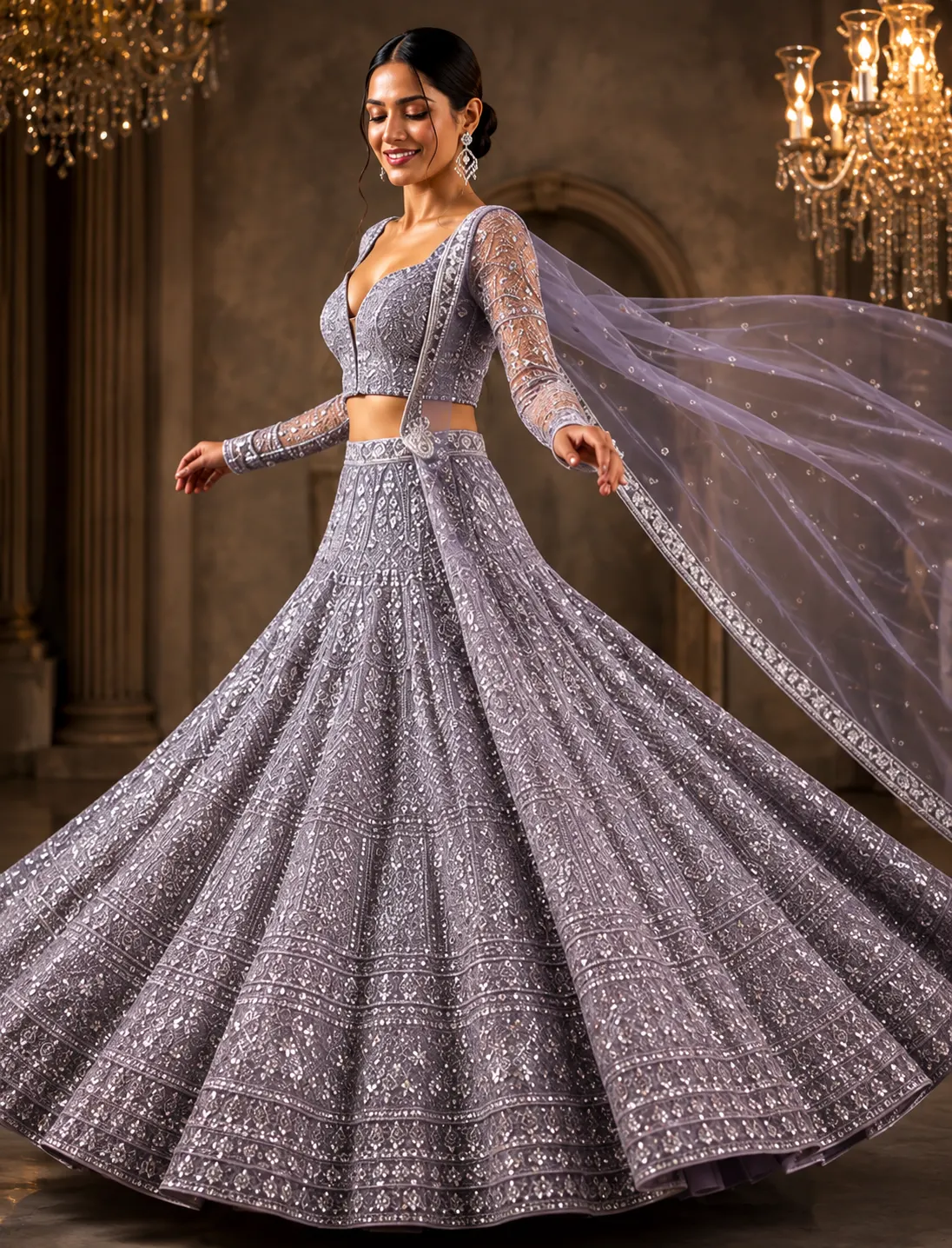Grey Lavender Net Reception Lehenga with Embroidered Full Sleeve Blouse