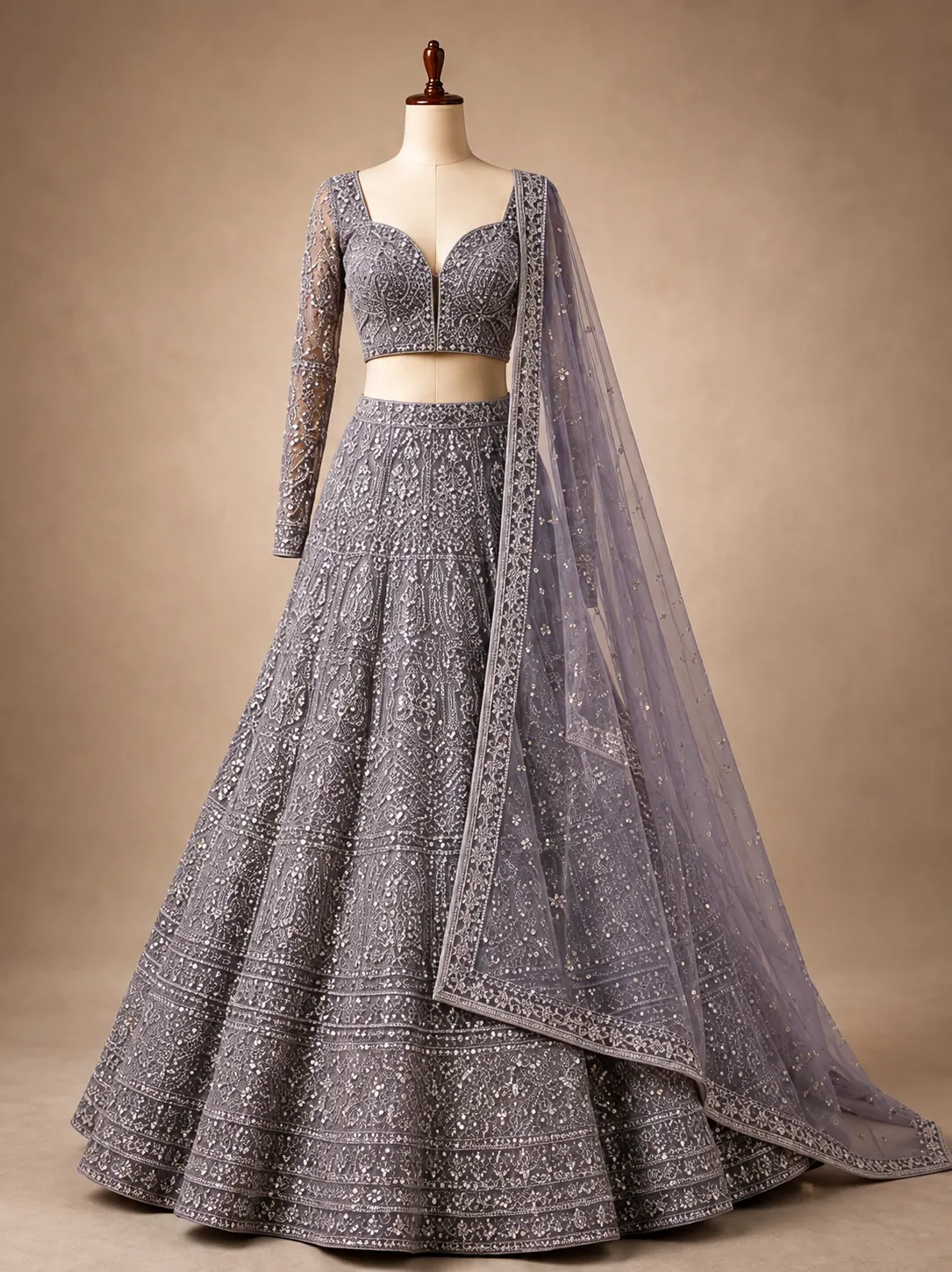 Grey Lavender Net Reception Lehenga with Embroidered Full Sleeve Blouse