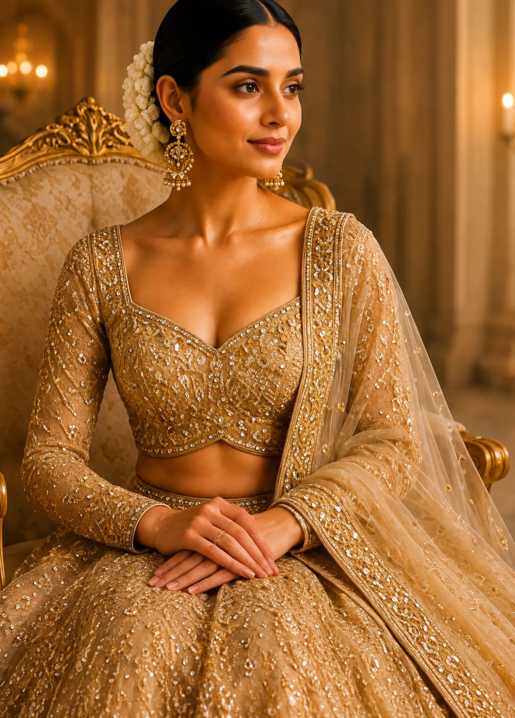 Golden Beige Net Reception Lehenga with Embroidered Full Sleeve Blouse