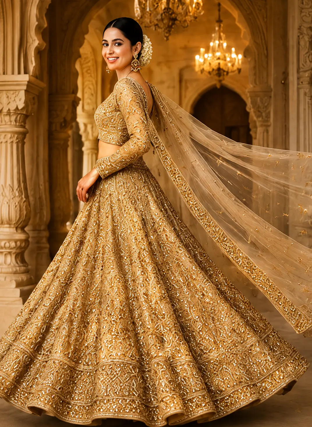 Golden Beige Net Reception Lehenga with Embroidered Full Sleeve Blouse