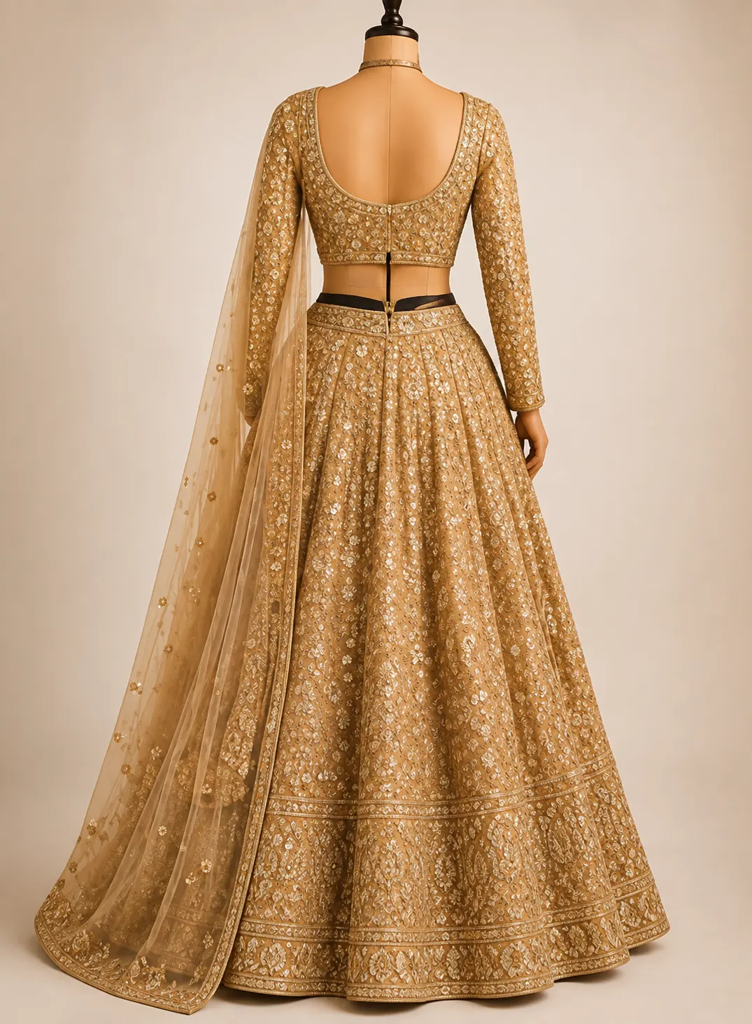 Golden Beige Net Reception Lehenga with Embroidered Full Sleeve Blouse