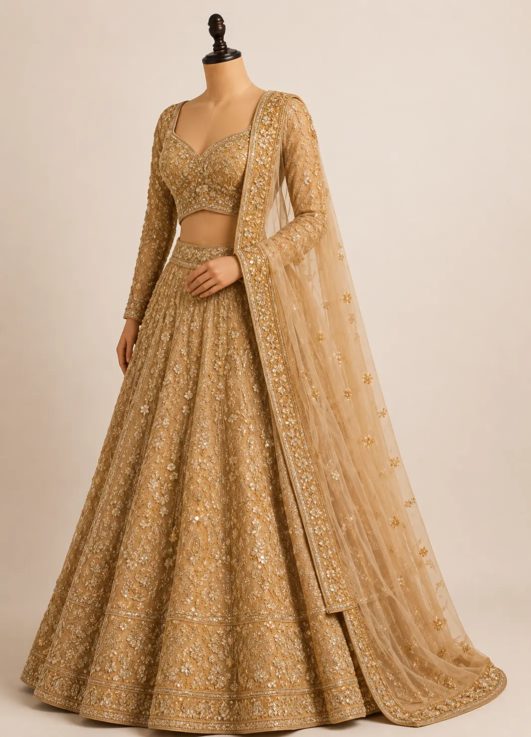 Golden Beige Net Reception Lehenga with Embroidered Full Sleeve Blouse