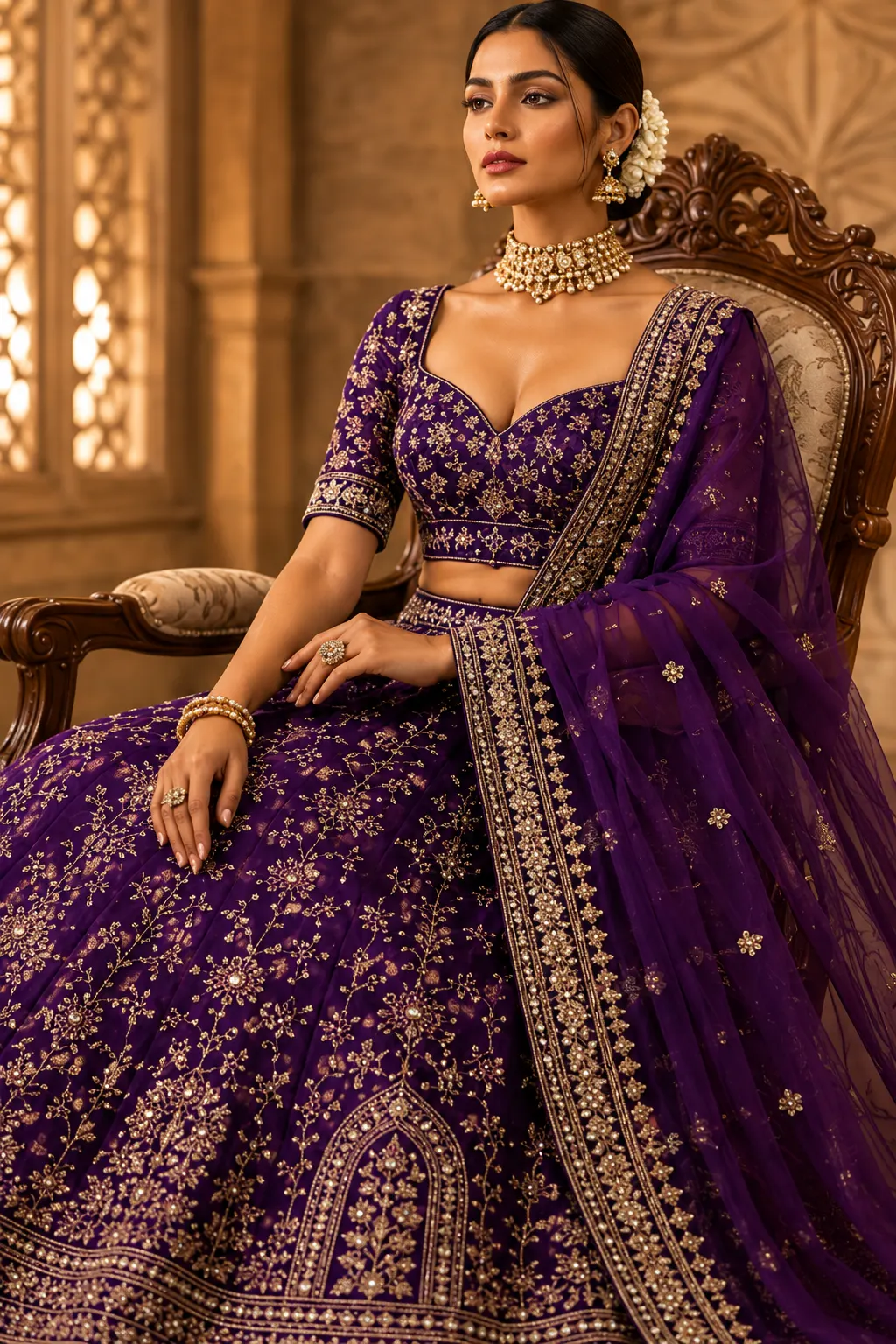 Royal Purple Zardosi Embroidered Silk Reception Lehenga
