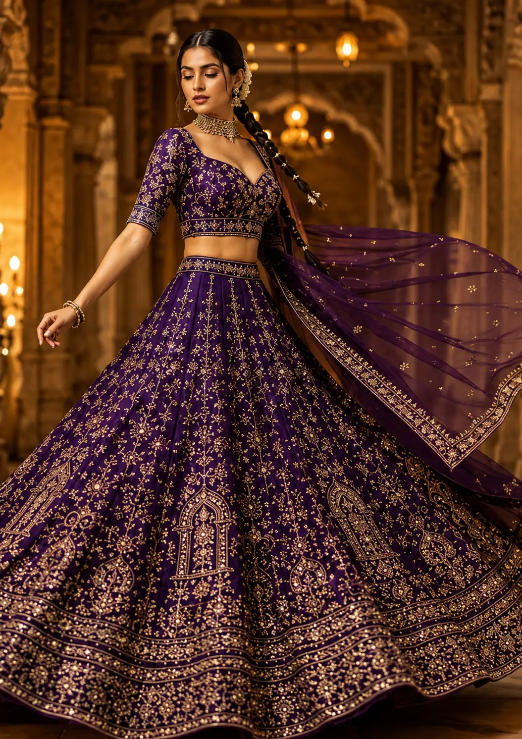 Royal Purple Zardosi Embroidered Silk Reception Lehenga