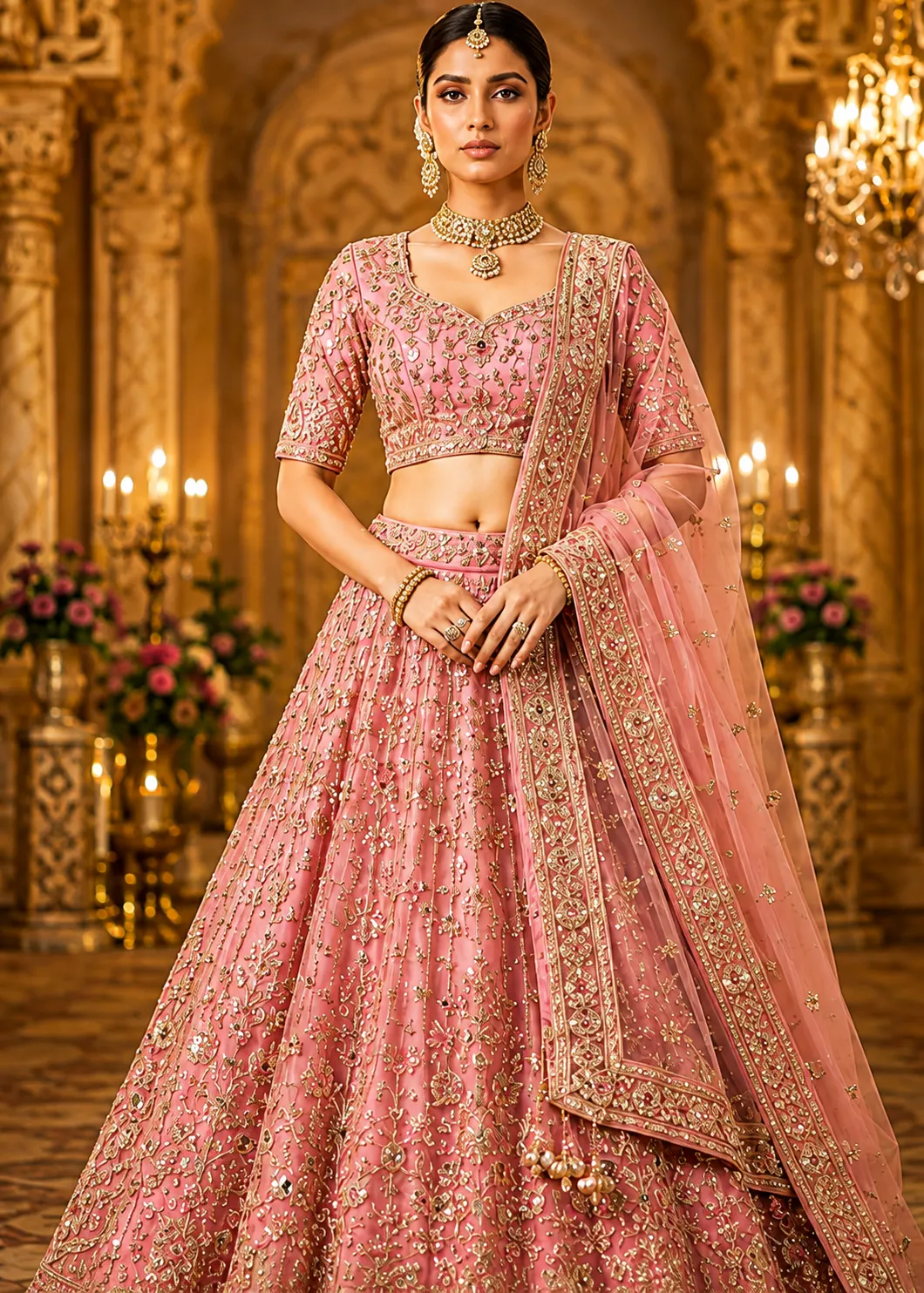 Pink Sequins Embroidered Silk Bridal Lehenga with Elbow Sleeves Blouse