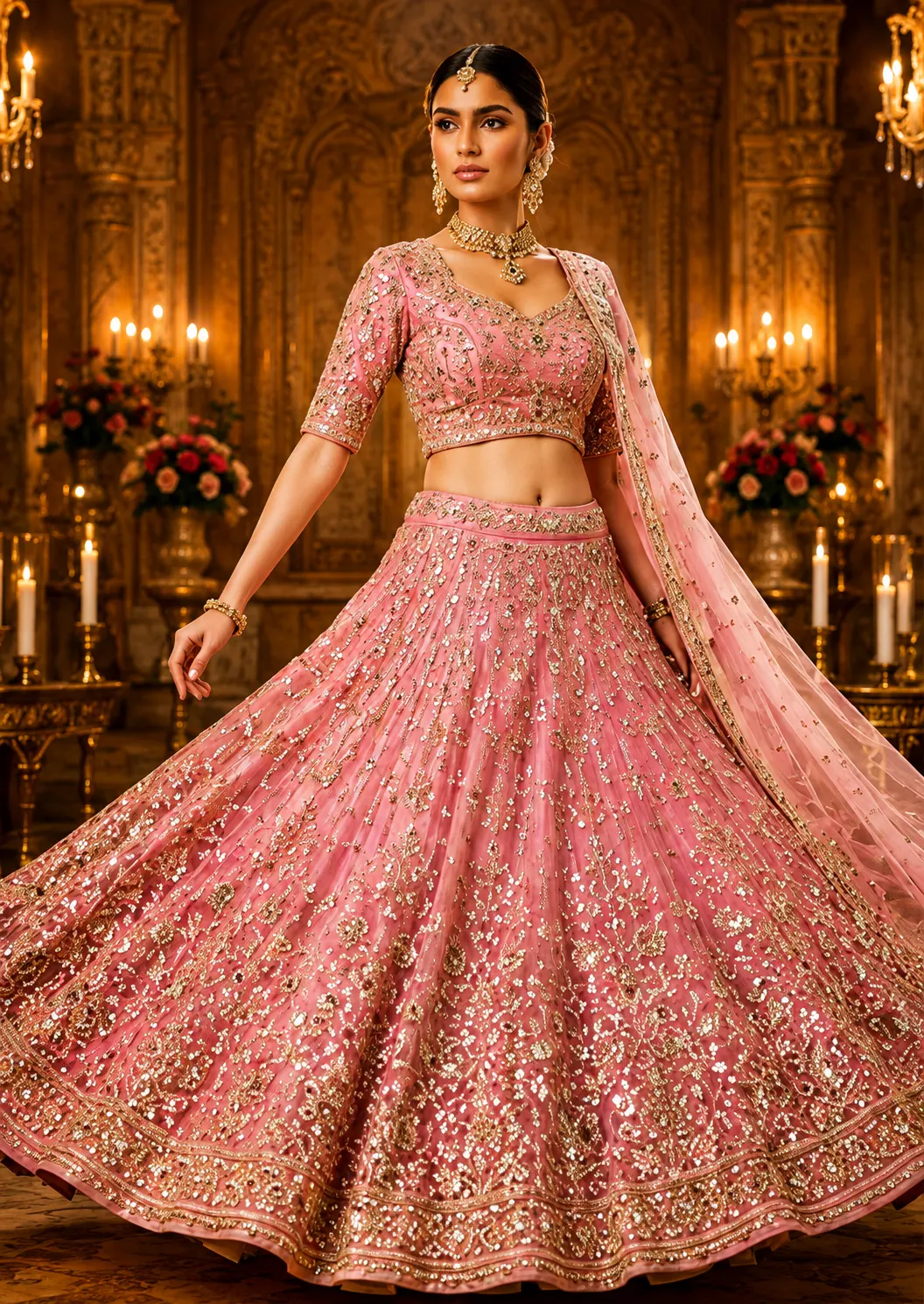 Pink Sequins Embroidered Silk Bridal Lehenga with Elbow Sleeves Blouse