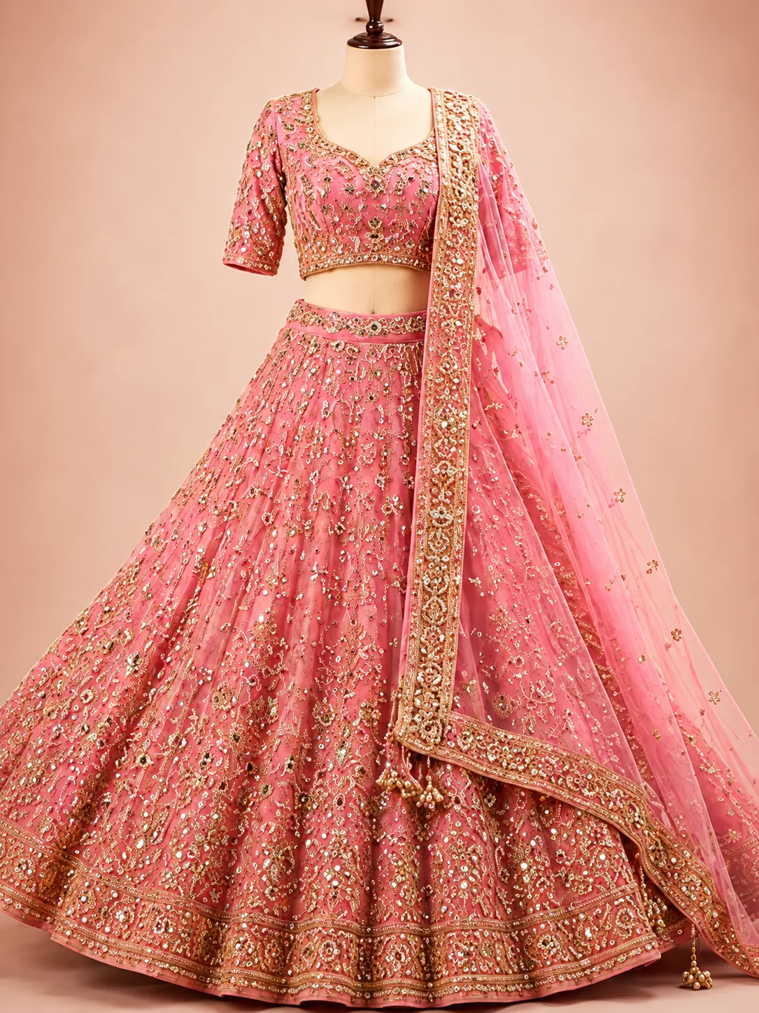 Pink Sequins Embroidered Silk Bridal Lehenga with Elbow Sleeves Blouse