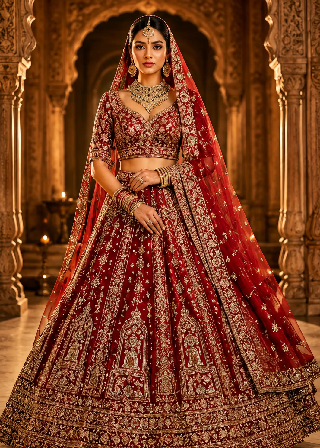 Crimson Red Silk Wedding Lehenga with Double Dupatta and Curve V Neck Blouse-