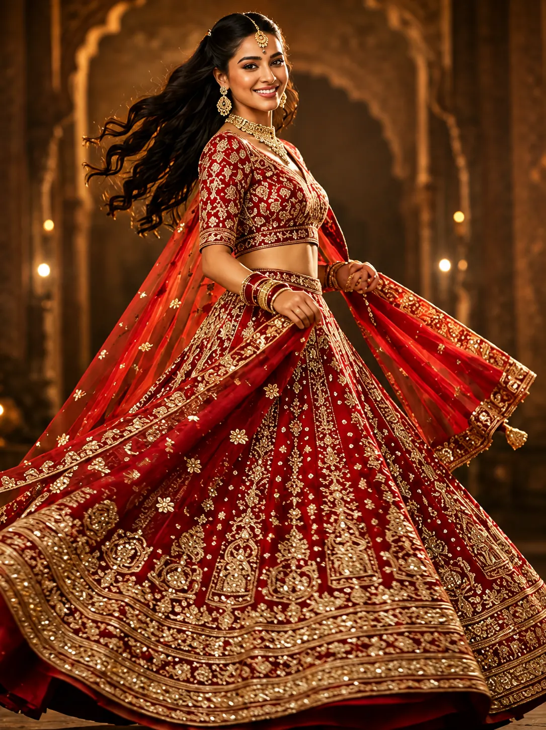 Crimson Red Silk Wedding Lehenga with Double Dupatta and Curve V Neck Blouse-
