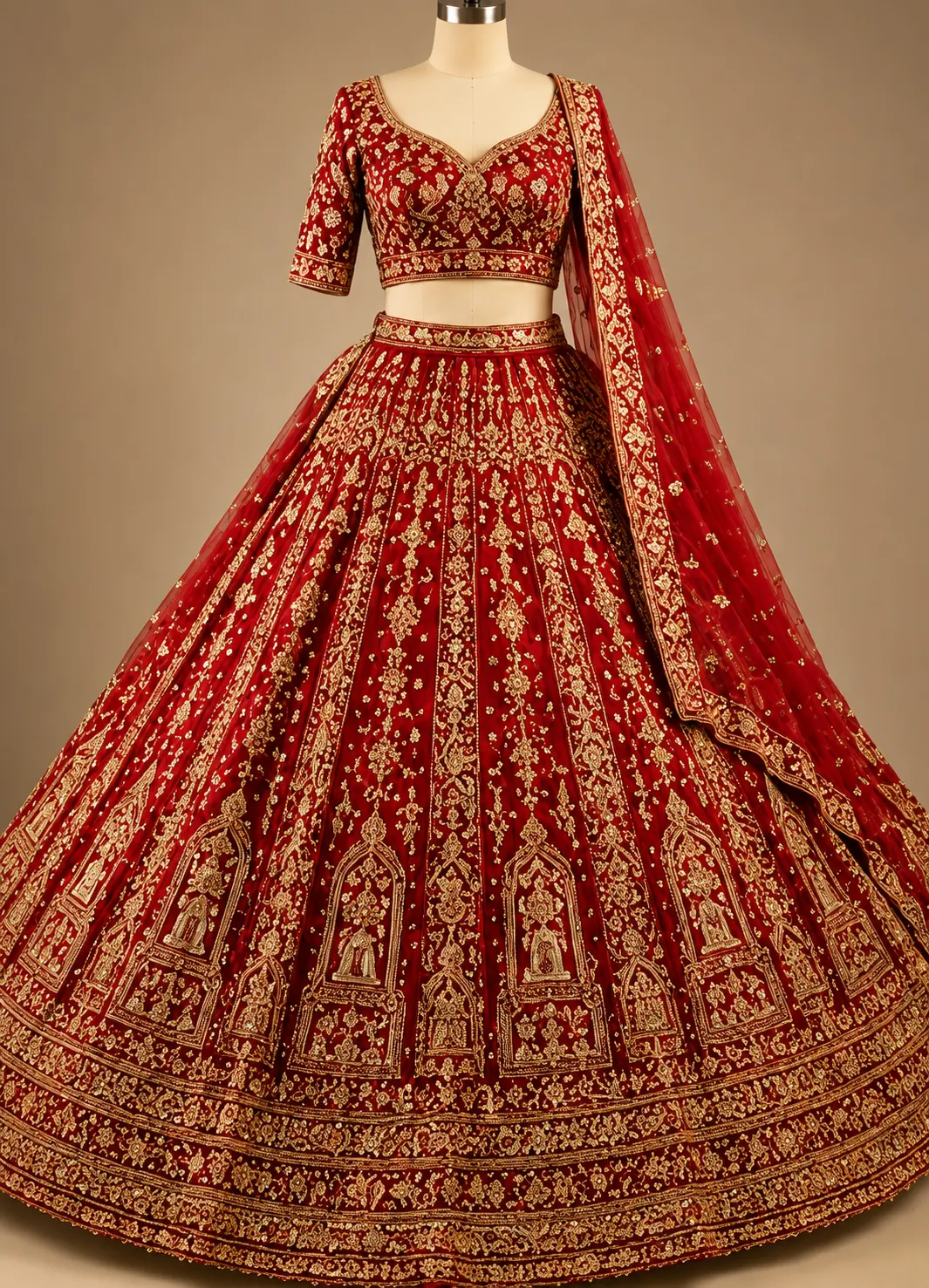 Crimson Red Silk Wedding Lehenga with Double Dupatta and Curve V Neck Blouse-