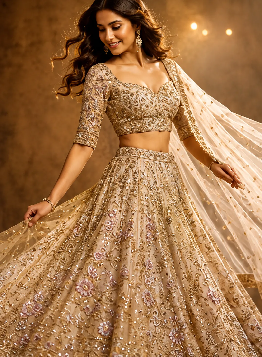 Light Beige Sequins Embroidered Textured Silk Engagement Lehenga