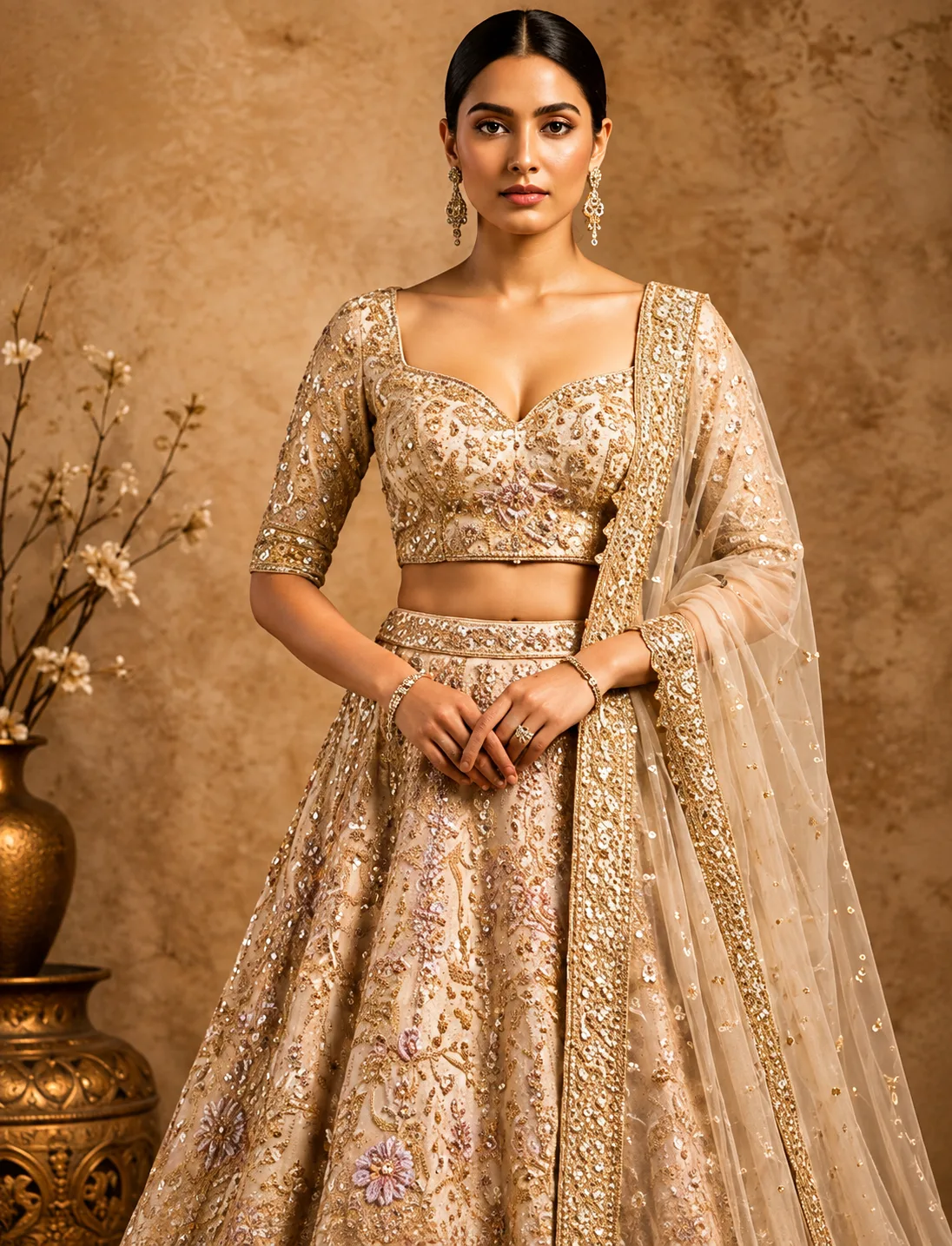 Light Beige Sequins Embroidered Textured Silk Engagement Lehenga