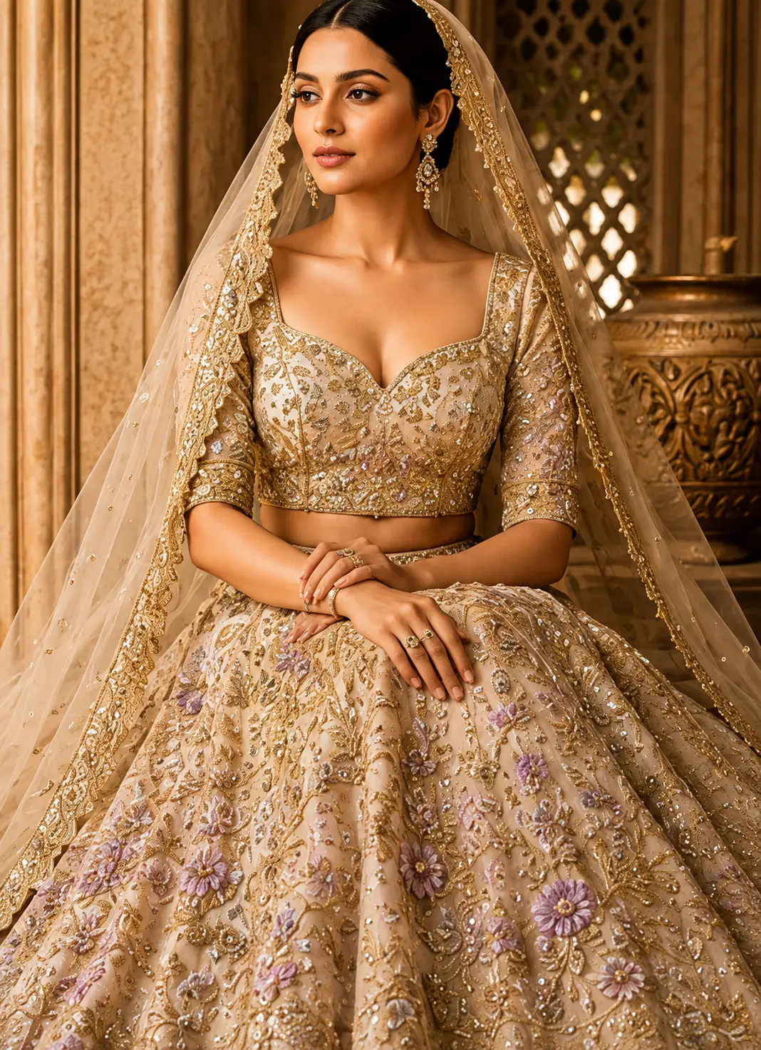 Light Beige Sequins Embroidered Textured Silk Engagement Lehenga