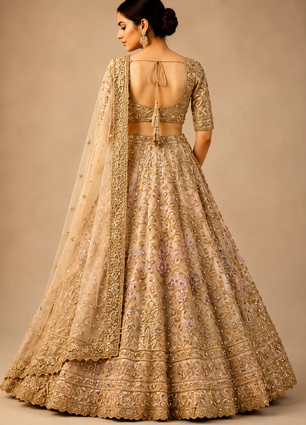 Light Beige Sequins Embroidered Textured Silk Engagement Lehenga