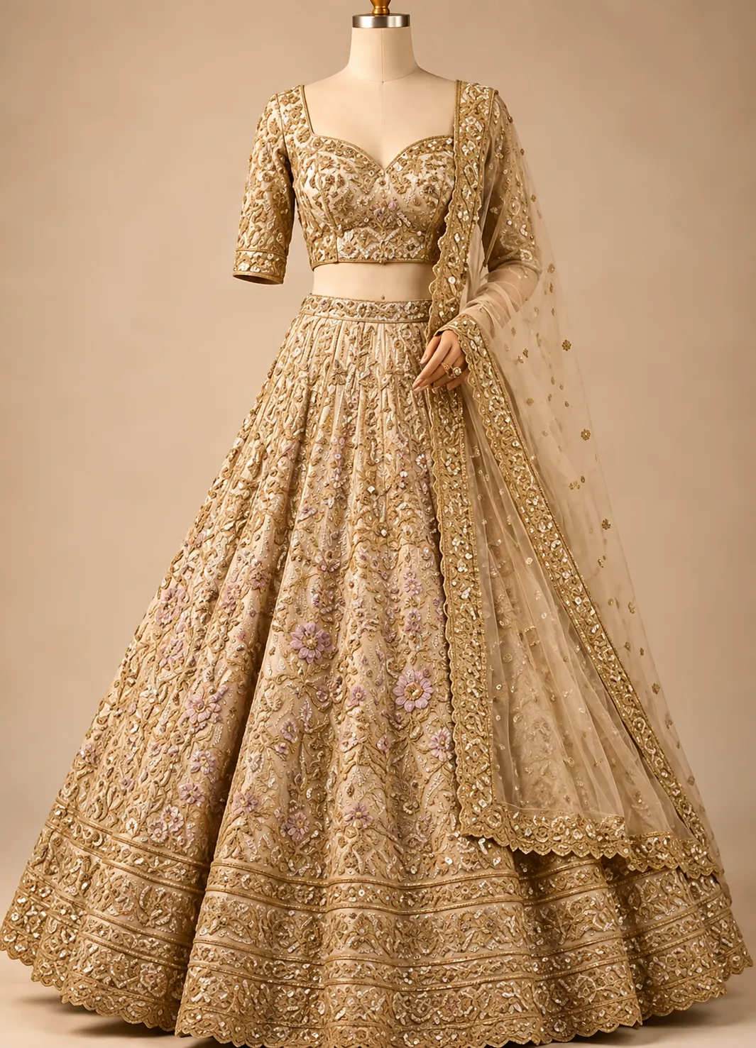 Light Beige Sequins Embroidered Textured Silk Engagement Lehenga
