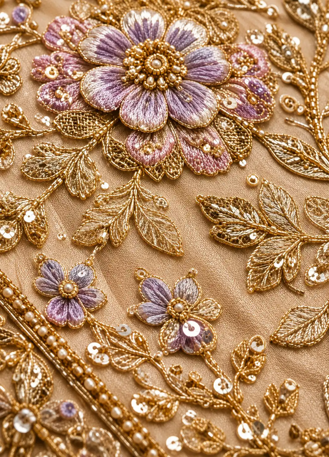 Light Beige Sequins Embroidered Textured Silk Engagement Lehenga