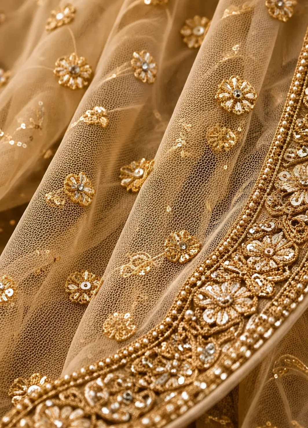 Light Beige Sequins Embroidered Textured Silk Engagement Lehenga