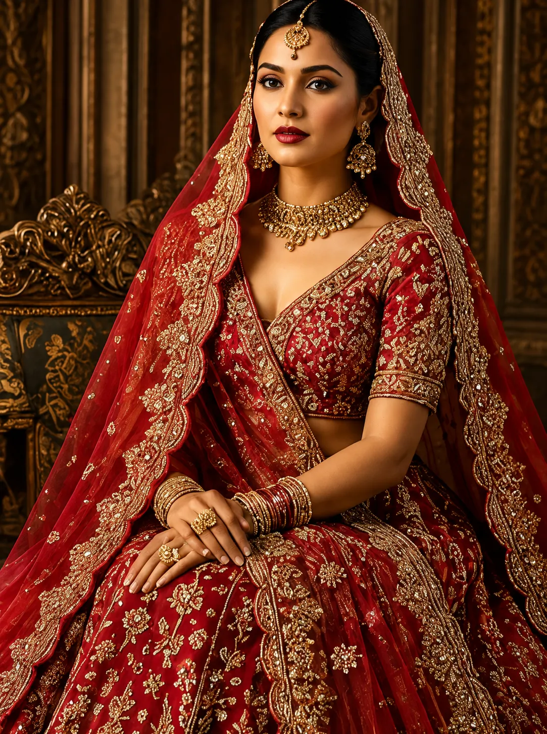 Dark Red Raw Silk Stone Embroidered Bridal Lehenga with Leaf Neck Blouse
