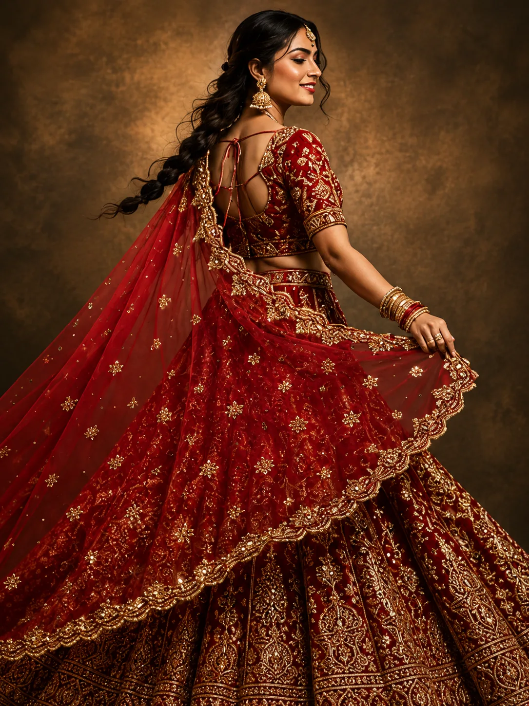 Dark Red Raw Silk Stone Embroidered Bridal Lehenga with Leaf Neck Blouse