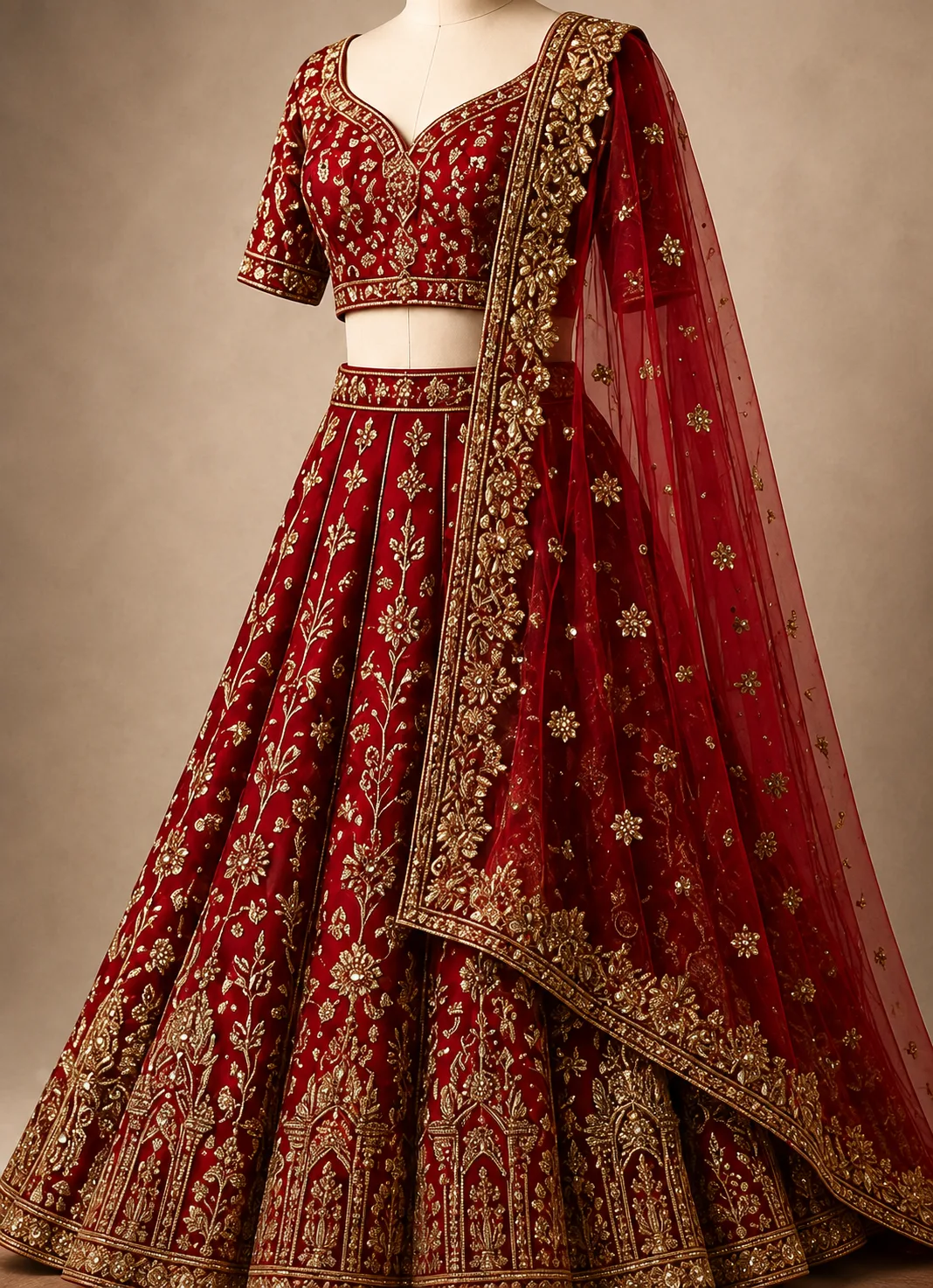 Dark Red Raw Silk Stone Embroidered Bridal Lehenga with Leaf Neck Blouse