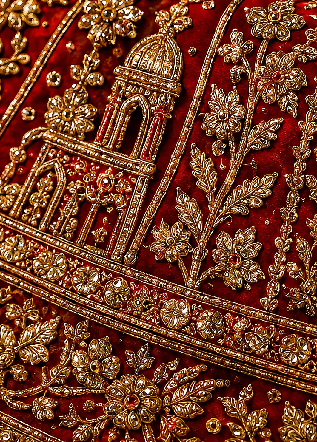 Dark Red Raw Silk Stone Embroidered Bridal Lehenga with Leaf Neck Blouse
