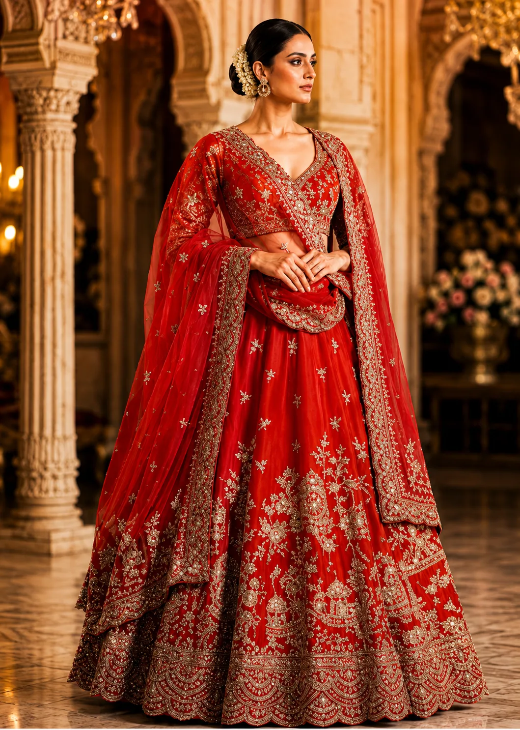 Red Silk Bridal Lehenga with Embroidered Elbow Sleeve Blouse