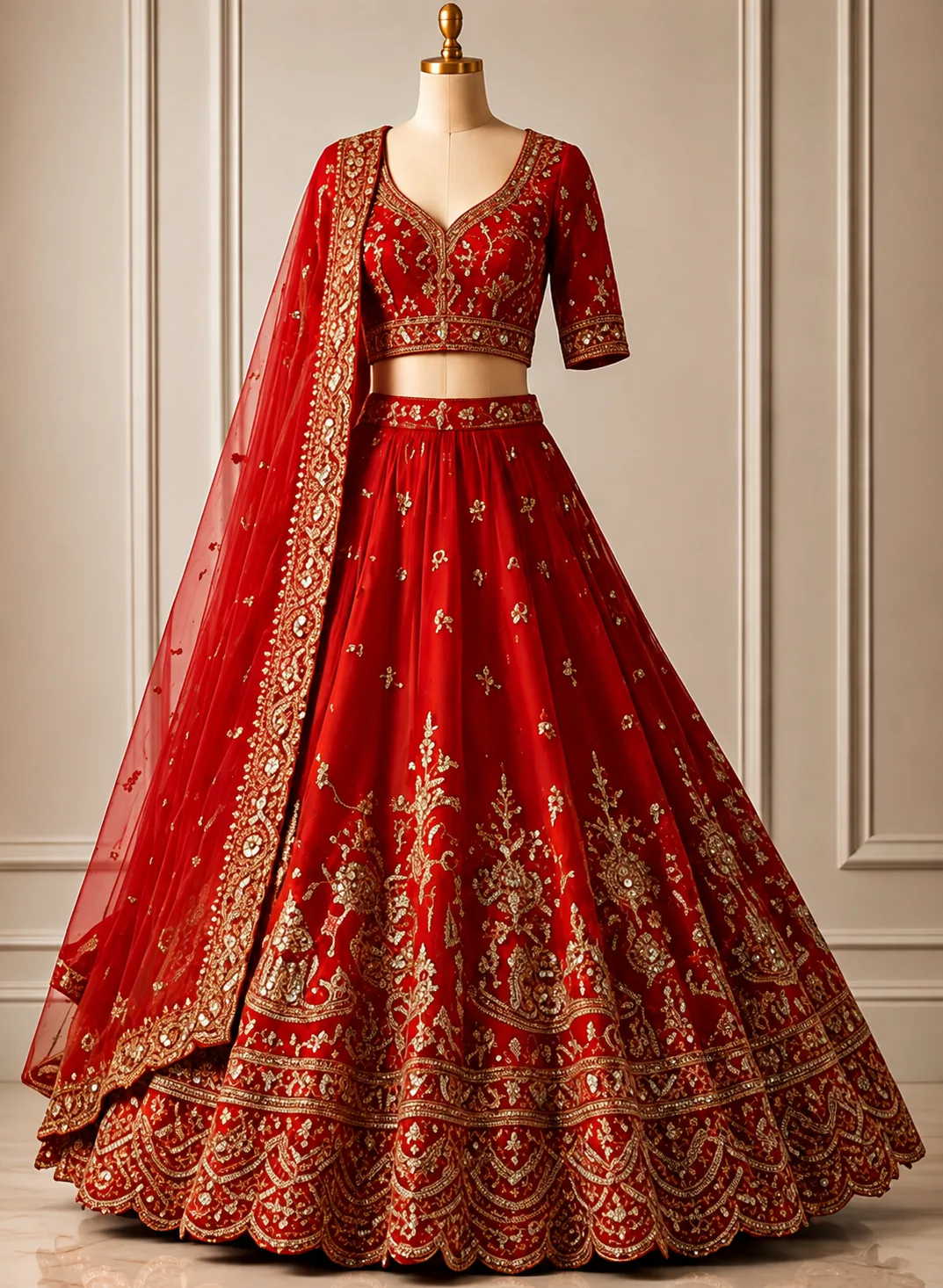 Red Silk Bridal Lehenga with Embroidered Elbow Sleeve Blouse