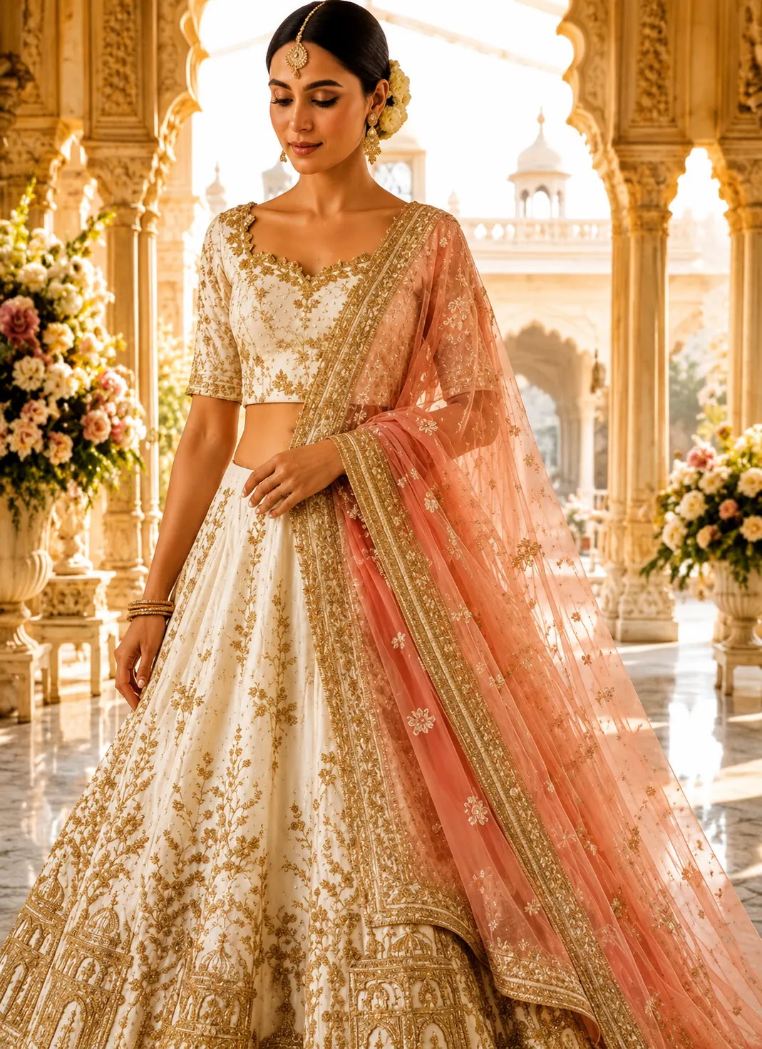 Cream Silk Bridal Lehenga with Embroidered Elbow Sleeve Blouse and Double Dupatta