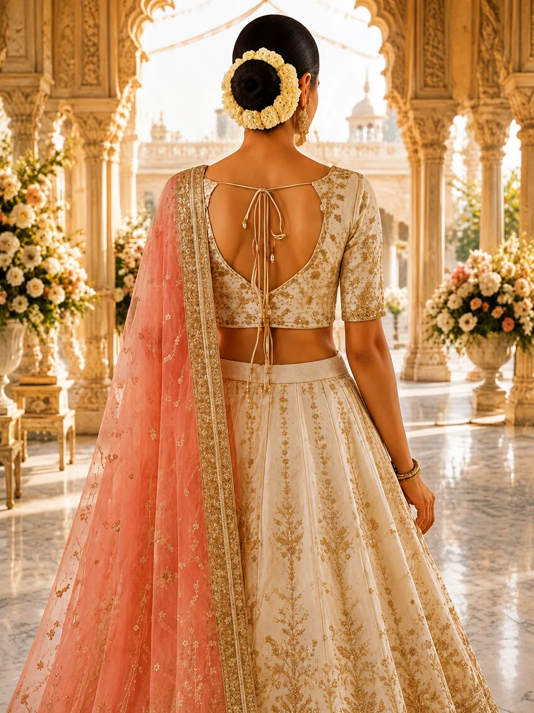Cream Silk Bridal Lehenga with Embroidered Elbow Sleeve Blouse and Double Dupatta