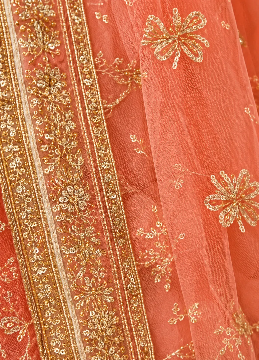 Cream Silk Bridal Lehenga with Embroidered Elbow Sleeve Blouse and Double Dupatta