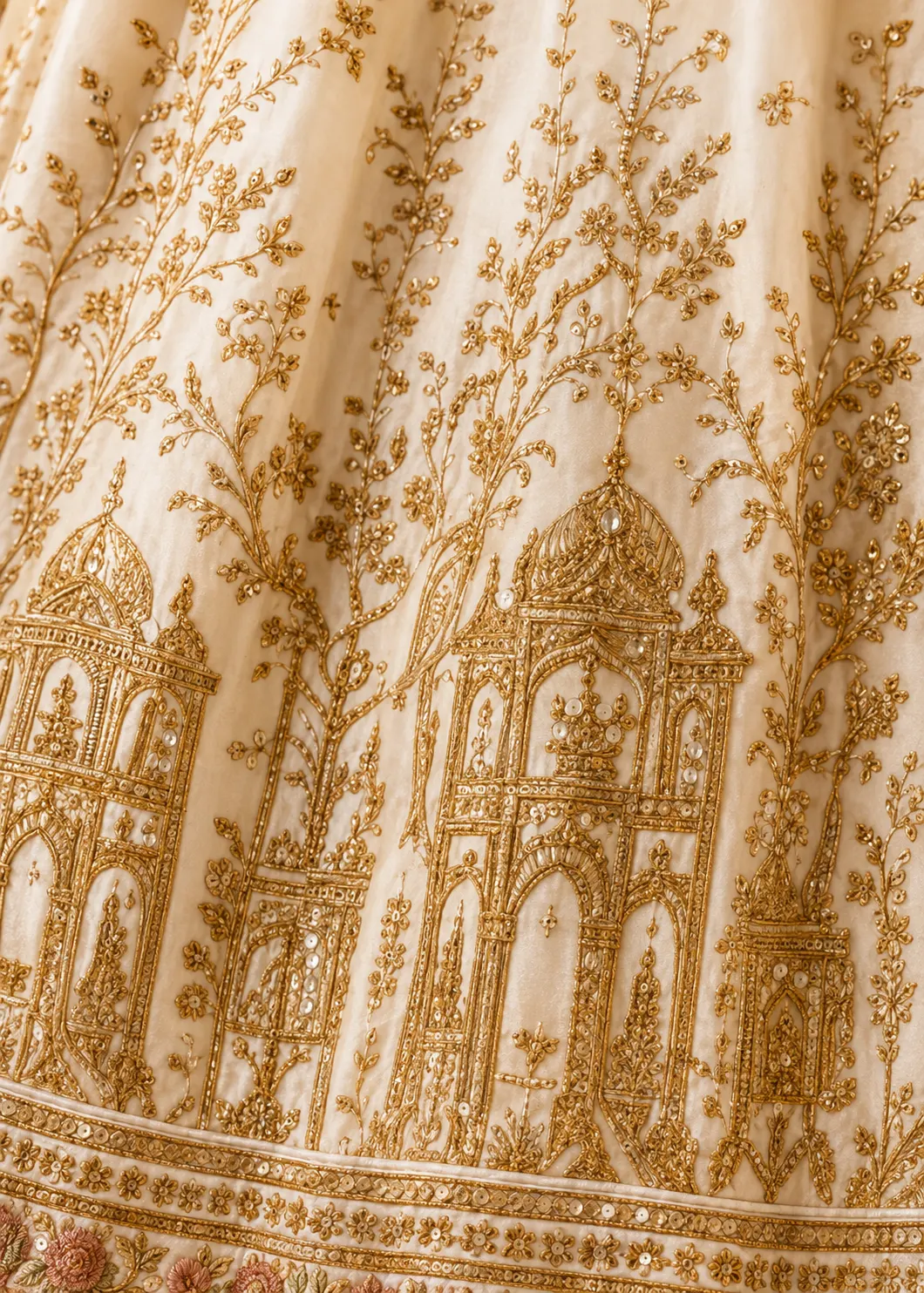 Cream Silk Bridal Lehenga with Embroidered Elbow Sleeve Blouse and Double Dupatta
