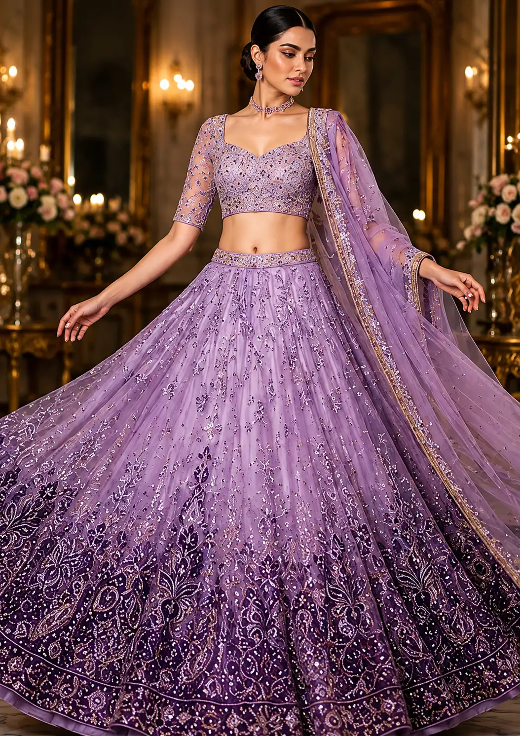 Lavender Sequins Embroidered Satin Bridal Lehenga with Elbow Sleeves Blouse