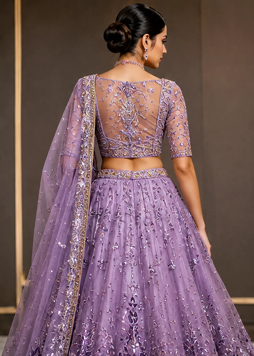 Lavender Sequins Embroidered Satin Bridal Lehenga with Elbow Sleeves Blouse