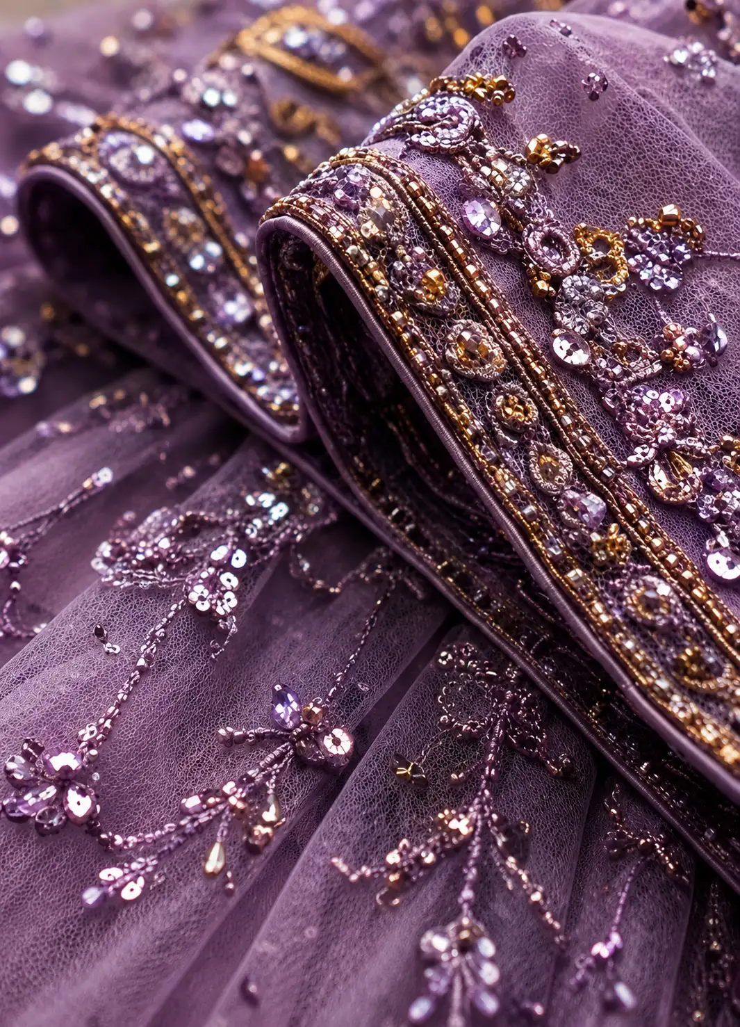 Lavender Sequins Embroidered Satin Bridal Lehenga with Elbow Sleeves Blouse