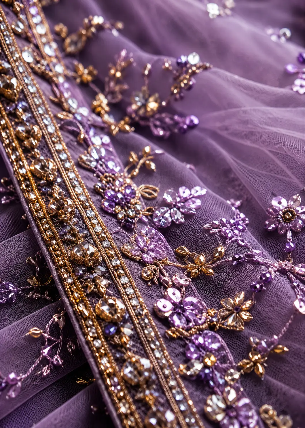 Lavender Sequins Embroidered Satin Bridal Lehenga with Elbow Sleeves Blouse