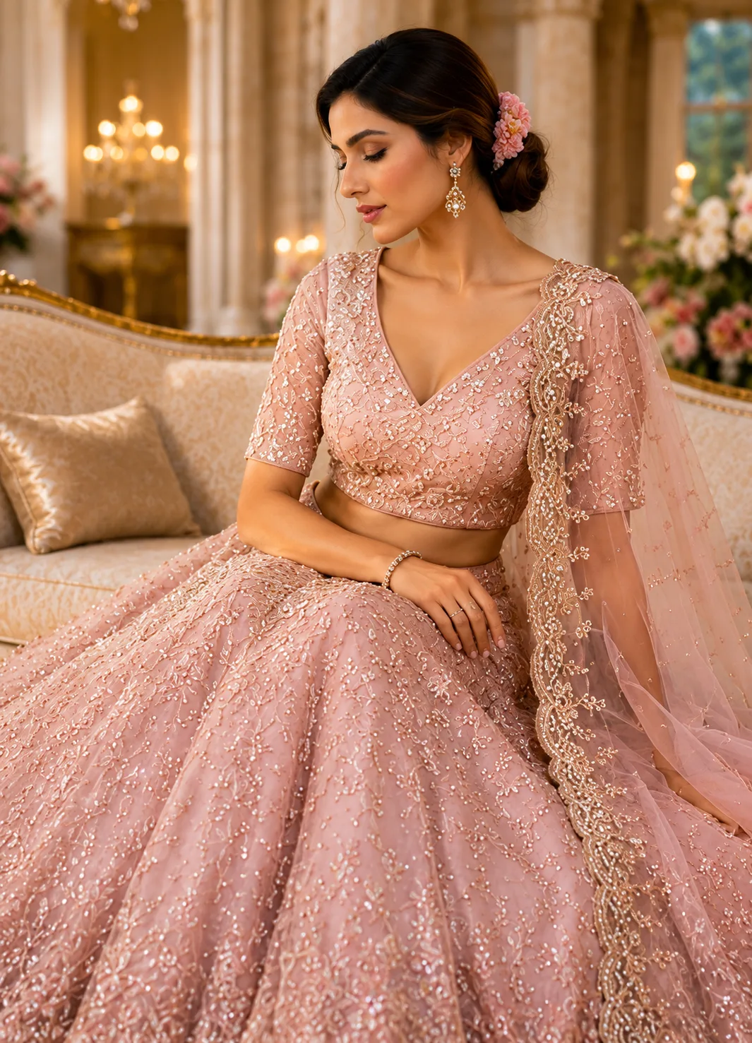Light Pink Sequins Embroidered Tissue Organza Engagement Lehenga with Readymade Blouse