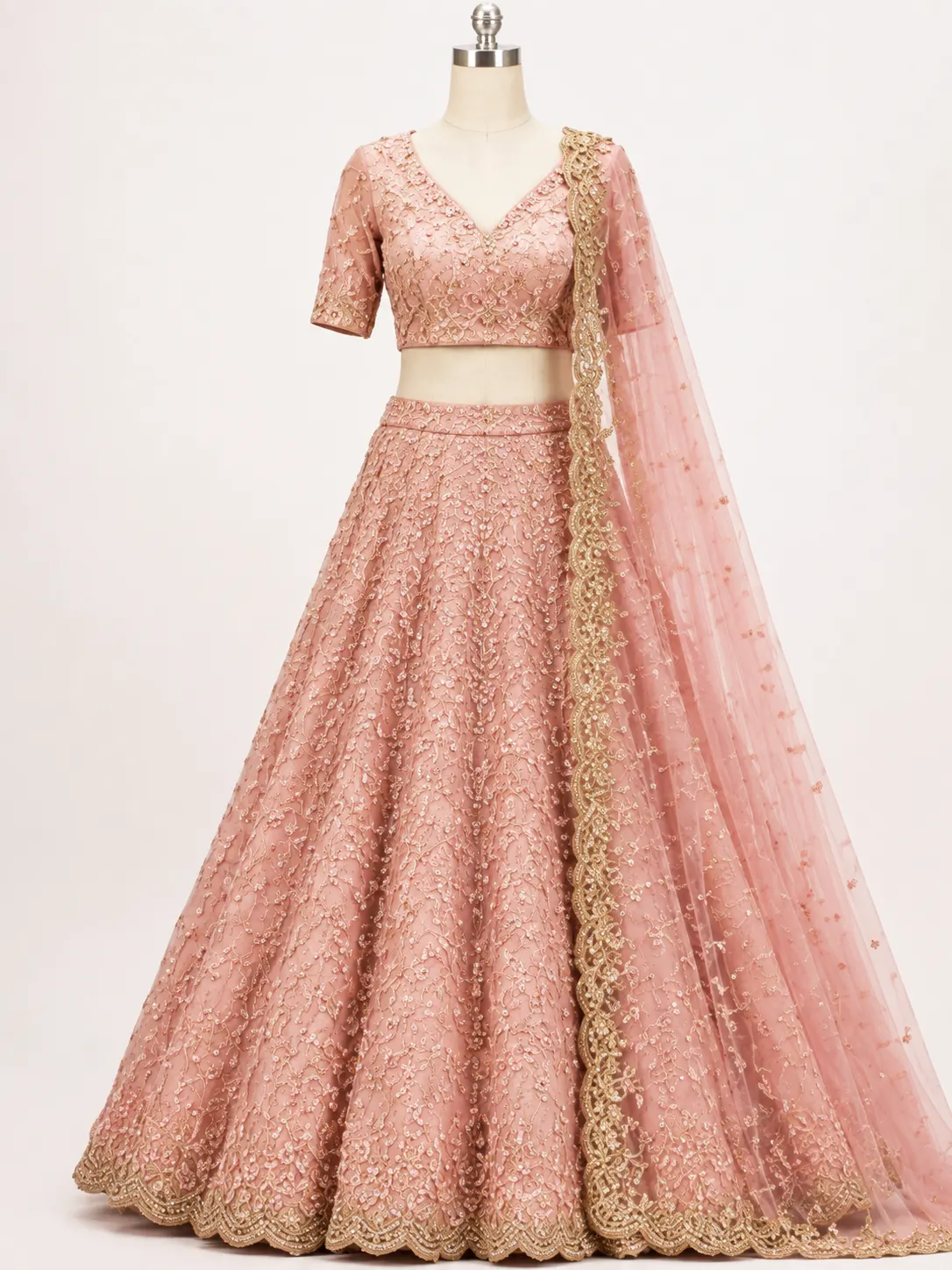 Light Pink Sequins Embroidered Tissue Organza Engagement Lehenga with Readymade Blouse