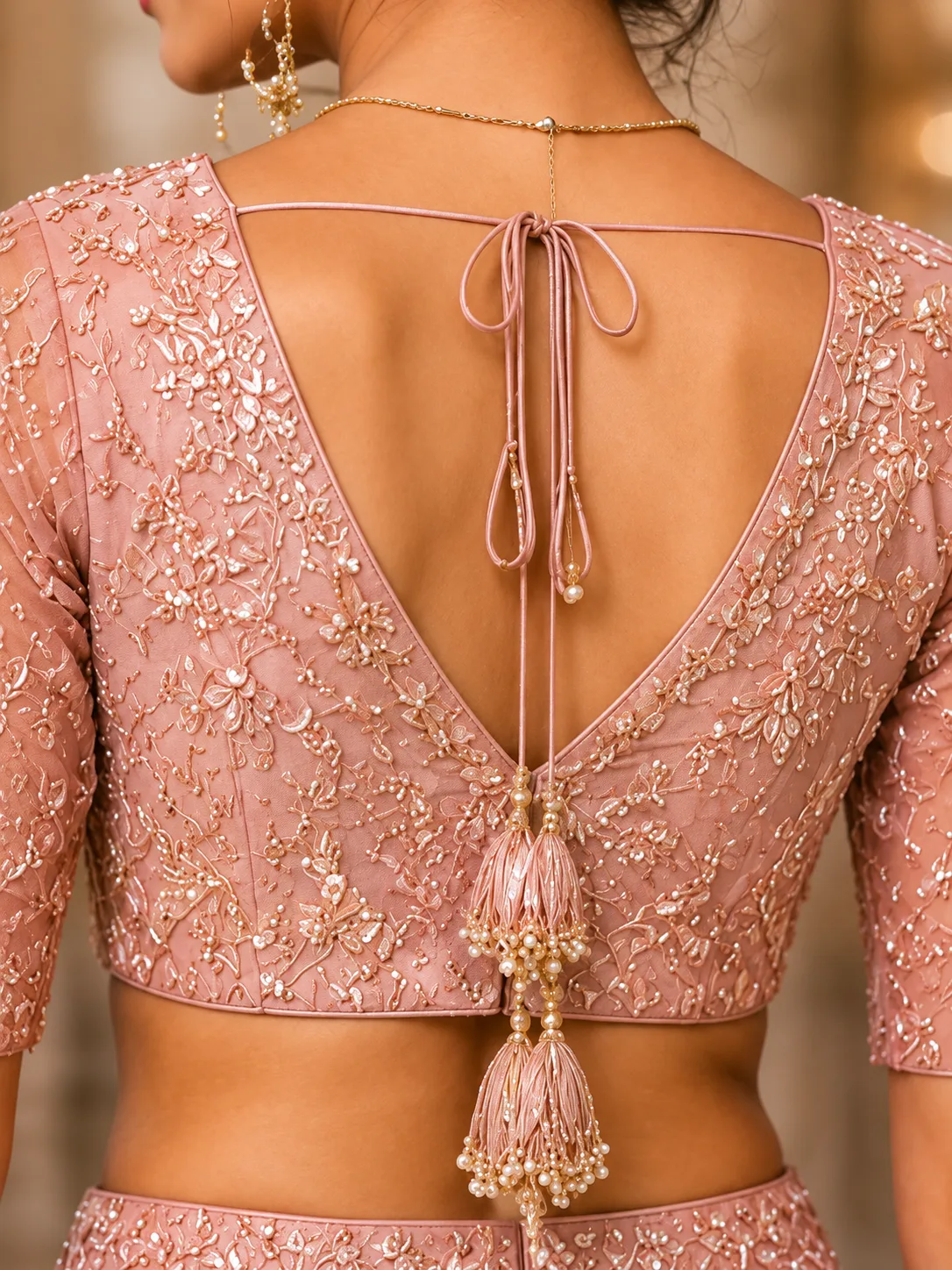 Light Pink Sequins Embroidered Tissue Organza Engagement Lehenga with Readymade Blouse