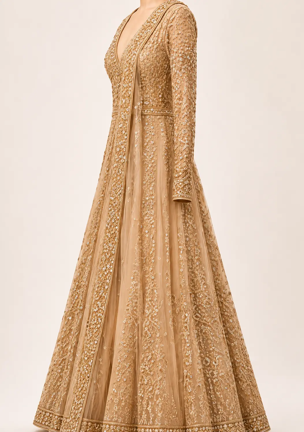 Peach Net Bead Embroidered Indowestern Lehenga