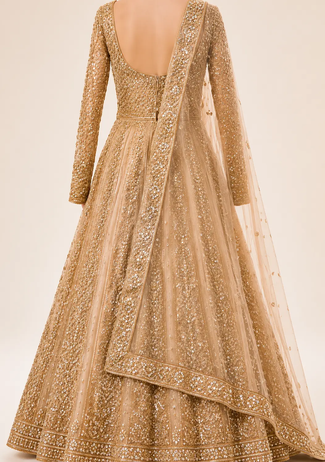 Peach Net Bead Embroidered Indowestern Lehenga