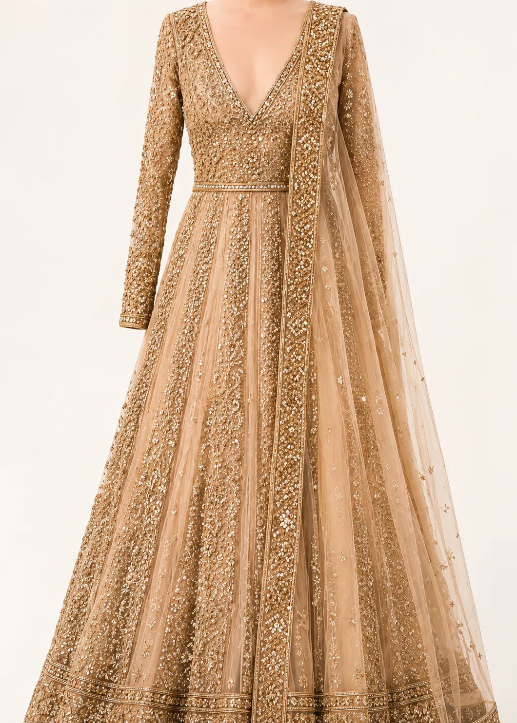 Peach Net Bead Embroidered Indowestern Lehenga
