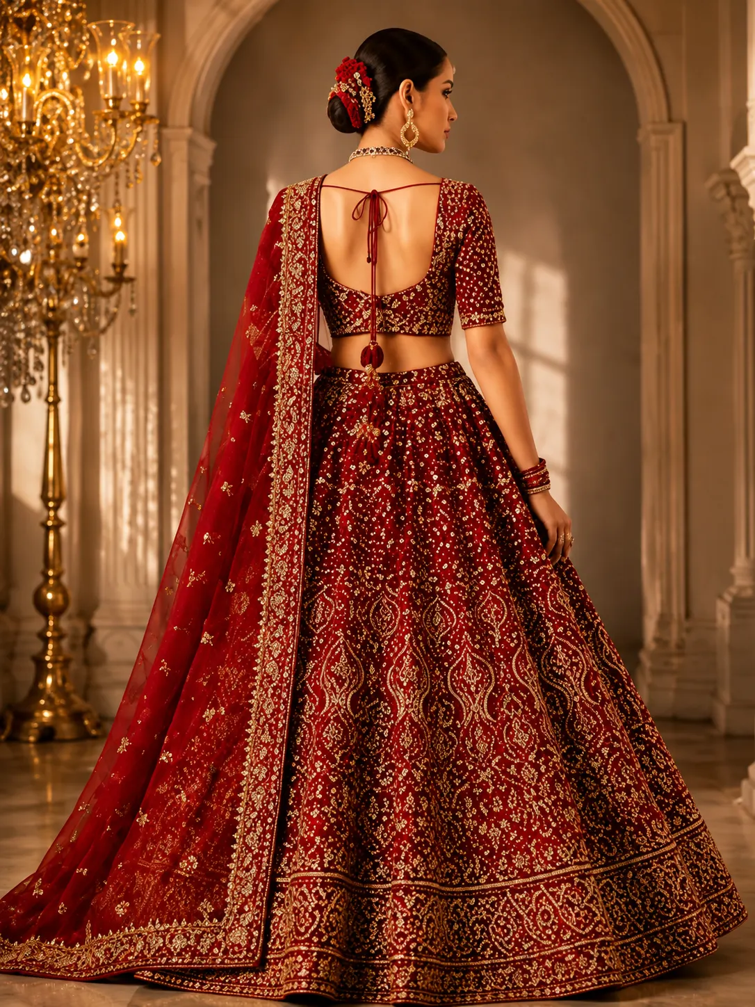 Dark Red Zari Embroidered Silk Bridal Lehenga with Leaf Neck Blouse-