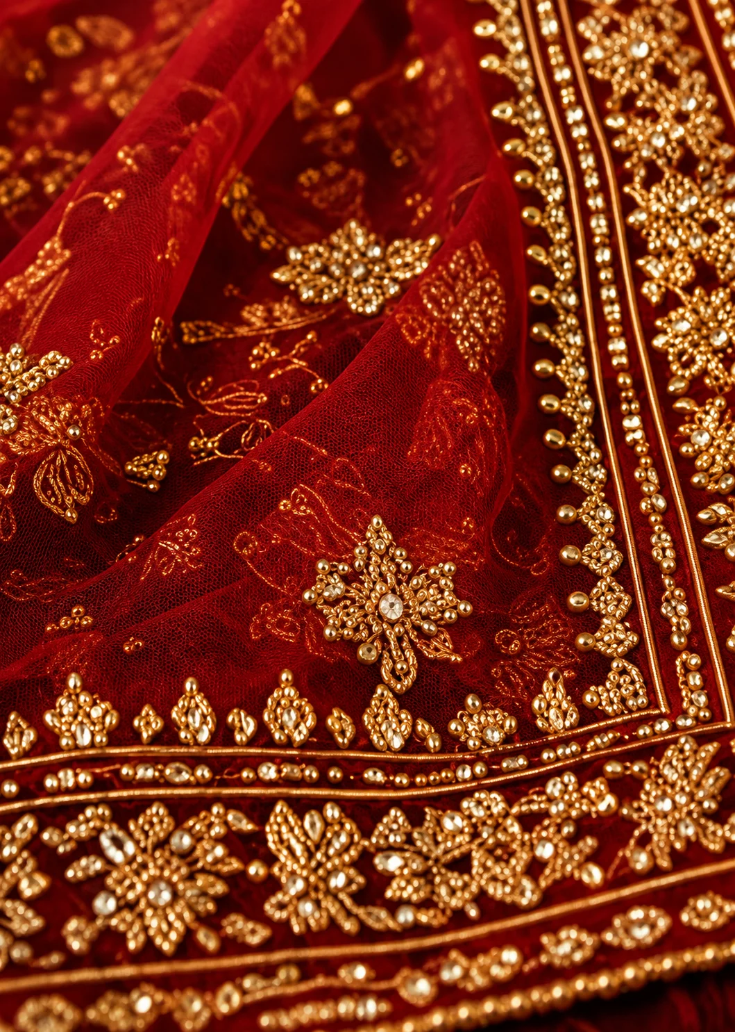 Dark Red Zari Embroidered Silk Bridal Lehenga with Leaf Neck Blouse-