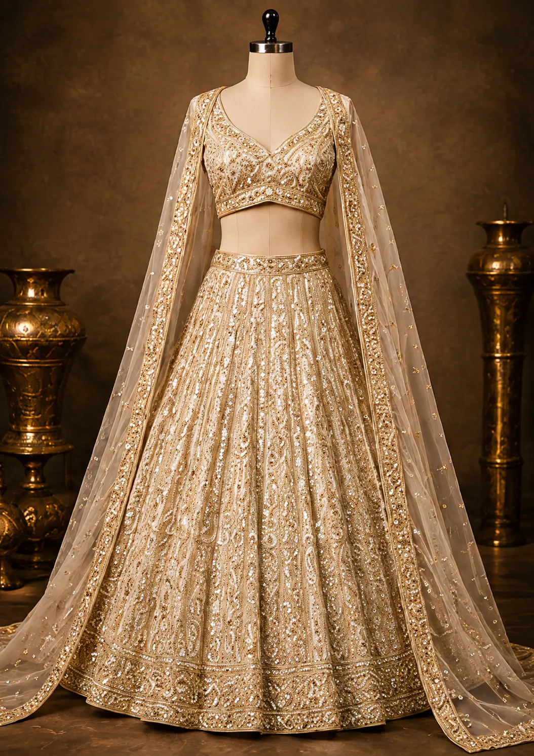 Beige Net Engagement Lehenga with Curve V Neck Blouse