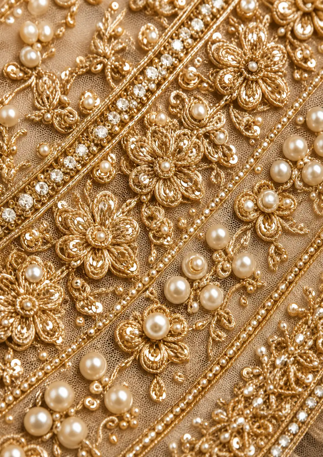 Beige Net Engagement Lehenga with Curve V Neck Blouse