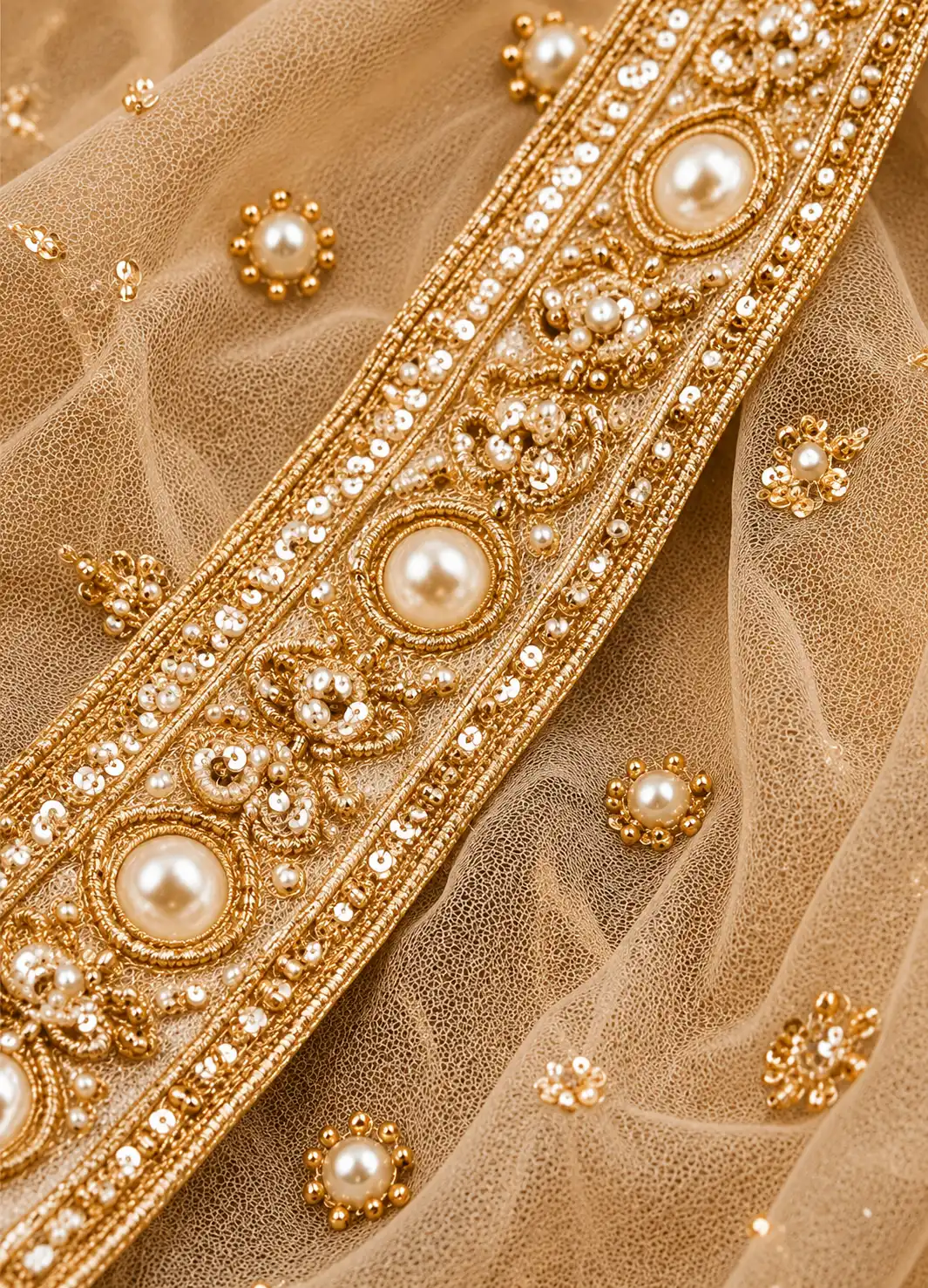 Beige Net Engagement Lehenga with Curve V Neck Blouse